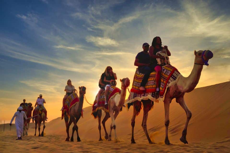 wüstensafari in dubai kamelreiten mehere kamele mit personen und guide