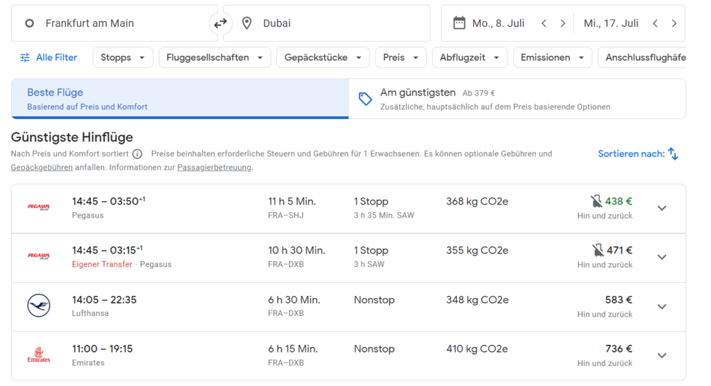 vergleichstabelle von google über flüge von frankfurt nach dubai urlaub kosten