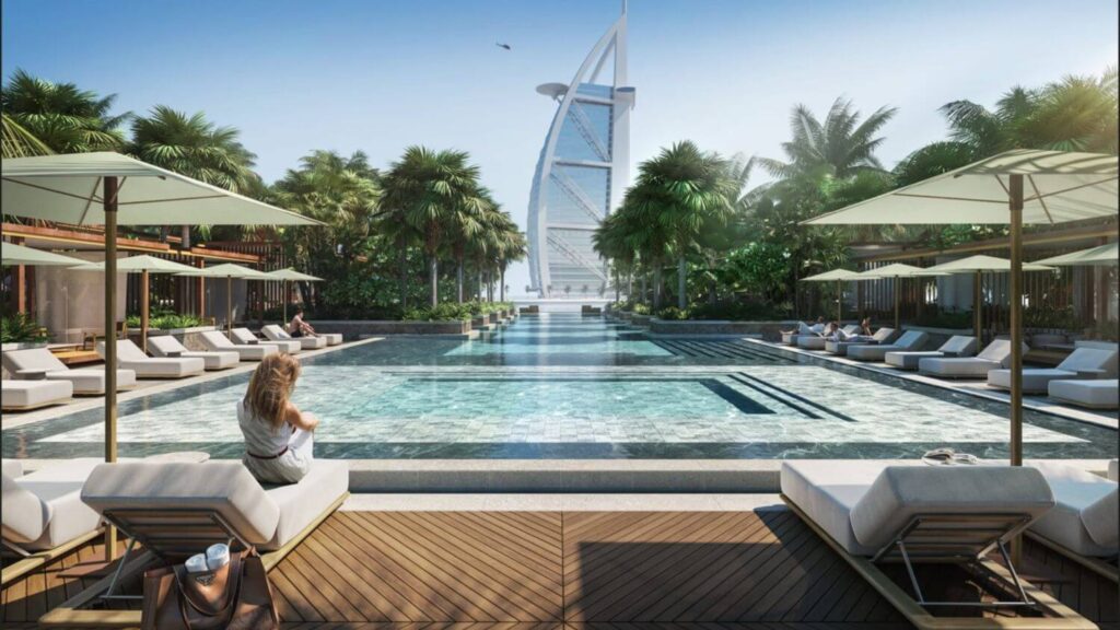 Jumeriah Marsa Al Arab Dubai Poolbereich außen sicht auf burj al arab